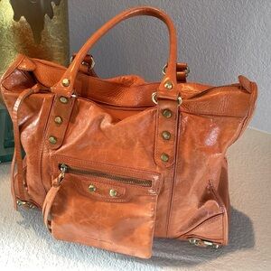 Charles Jourdan Orange Leather Tote with Gold Accents